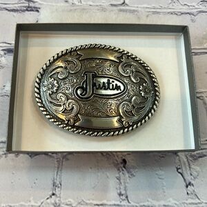 Vintage inspired Justin belt Buckle Oval Silver Tone‎ Fancy Scroll Work  4"x3"